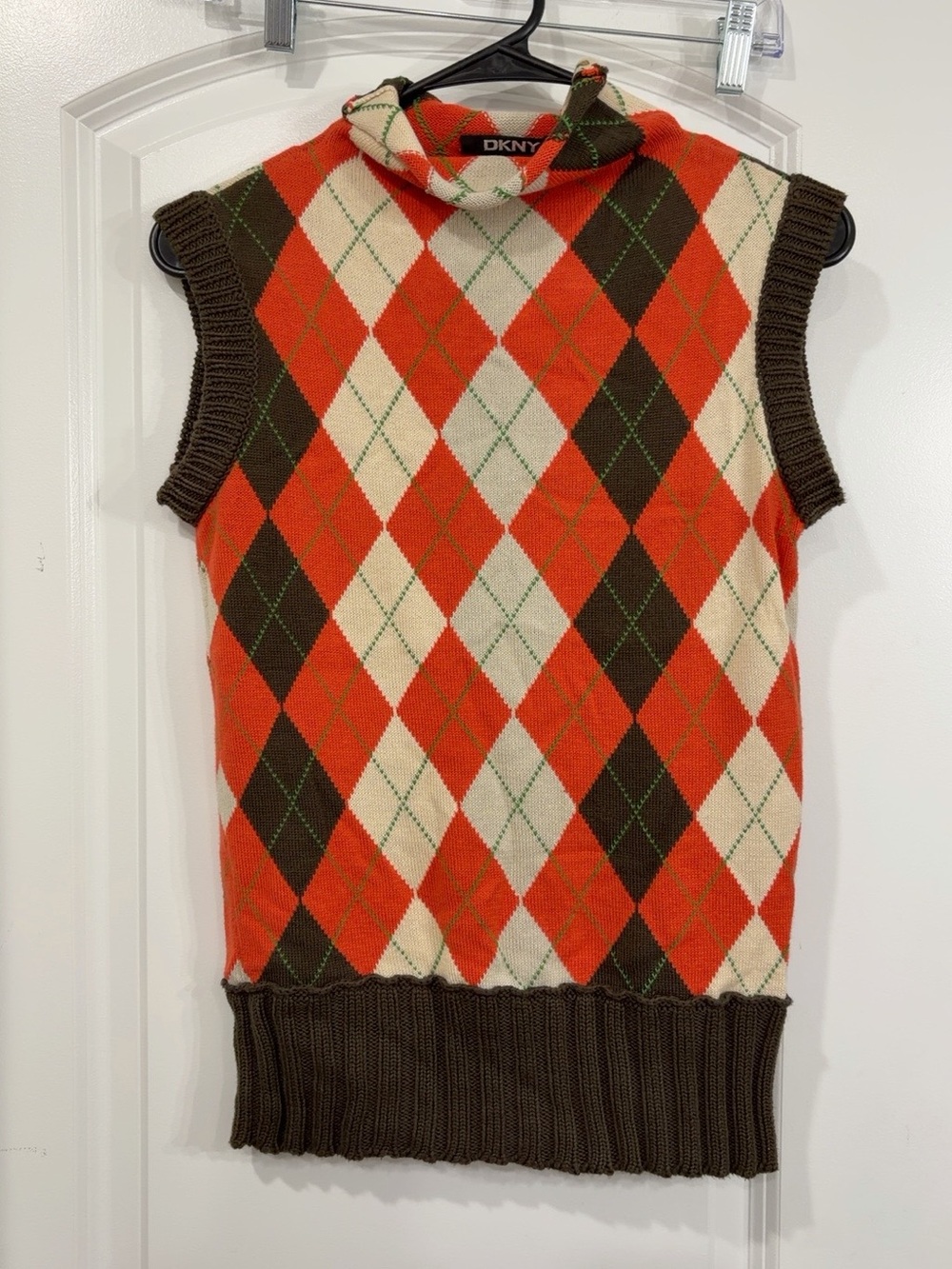 DKNY Orange, Cream & Brown Argyle Sleeveless Turtleneck Sweater